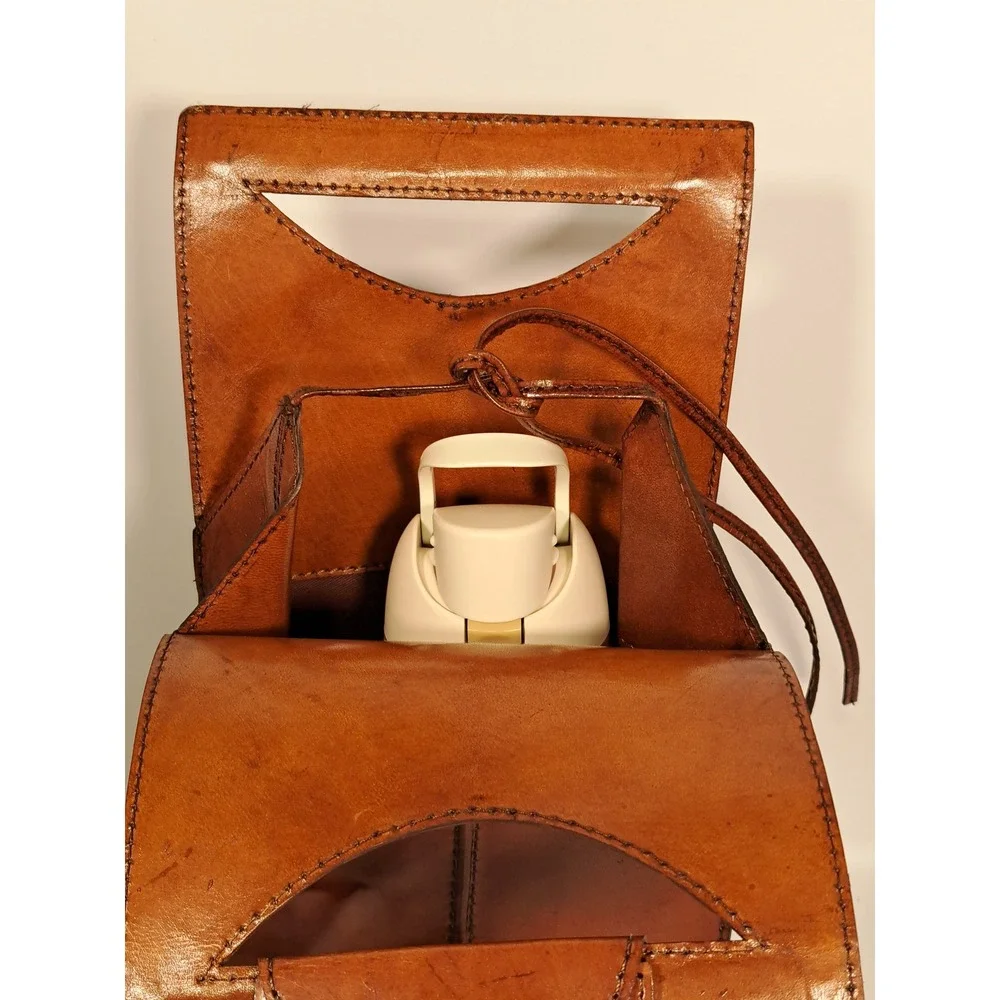 Vintage Cognac Brown Leather Wine Bottle Carrier Bag Snap Closure Picnic Tote